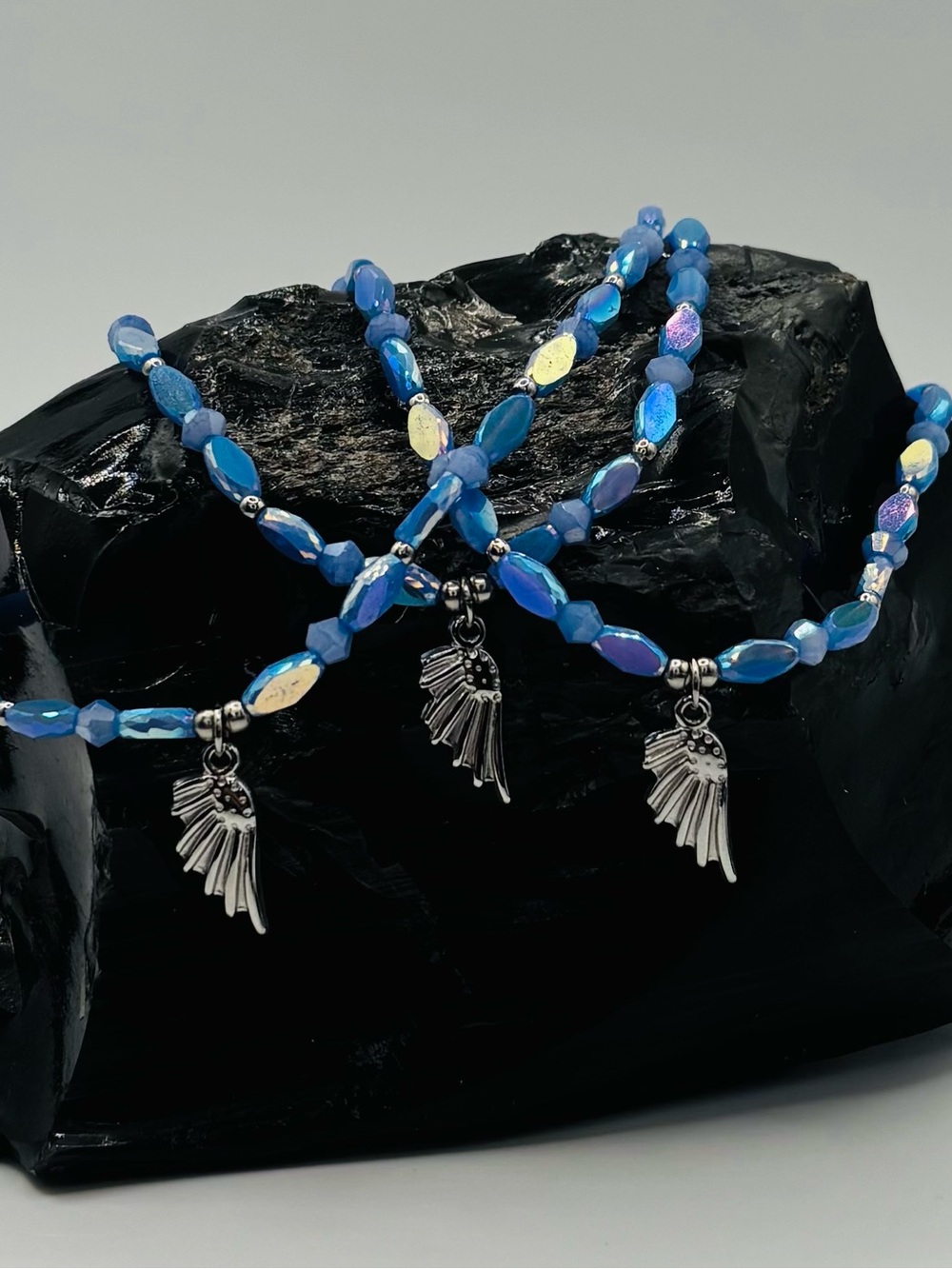 *ANKLET* S. Steel Silver Angel Wing with AB Periwinkle Crystal Stretchy Anklet